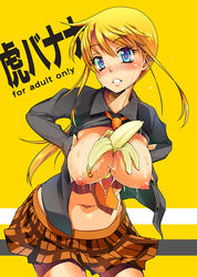 banana between_breasts blonde_hair blue_eyes breast_hold breast_squeeze breasts food food_between_breasts fruit hyakko kageyama_torako large_breasts miniskirt necktie nipples open_clothes open_shirt pointy_chin puffy_nipples school_uniform shirt short_hair skirt