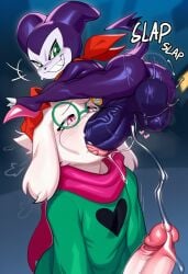 <3_eyes 2025 2_horns absurd_res ai_generated anthro anthro_on_anthro ass balls big_balls big_butt big_penis blue_glans blush bodily_fluids bovid caprine clothed clothing cum deltarune digital_media_(artwork) dripping duo ejaculation english_text erection eyewear fellatio floppy_ears foreskin fur genital_fluids genitals girly glans glasses gloves goat green_clothing grin handwear headwear heart hellsonger hi_res horn huge_cock humanoid_genitalia humanoid_penis imp impmon male male/male male_penetrated male_penetrating male_penetrating_male mammal motion_lines onomatopoeia open_mouth oral penetration penile penis pink_glans precum purple_balls purple_body purple_penis ralsei red_clothing saliva scarf sex simple_background small_but_hung smile sound_effects sweat text thick_penis tongue tongue_out undertale_(series) vein veiny_penis white_balls white_body white_fur white_penis