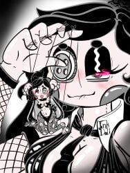 animate_inanimate anthro bedroom_eyes black_hair blush bodily_fluids breasts button_(fastener) button_eyes cleavage clothed clothing doll dripping duo female fishnet_clothing forced glistening glistening_body hair heart_eyes heart_symbol hi_res humanoid ink inkdoll lagomorph legwear leporid living_puppet long_ears mammal marionette narrowed_eyes necktie pasties paws ponytail powerless puppet rabbit scut_tail seductive short_tail size_difference string sweat tail thong tights tongue tongue_out torn_clothing torn_legwear underwear