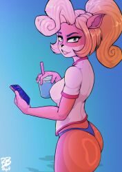 1girls ass ass_focus b_b_poltergeist big_ass big_breasts blonde_hair breasts clothing coco_bandicoot crash_(series) crash_(series) drinking female female_focus female_only from_behind furry green_eyes huge_ass looking_at_viewer on_phone ponytail smile solo solo_female solo_focus thick thick_ass thick_thighs thong