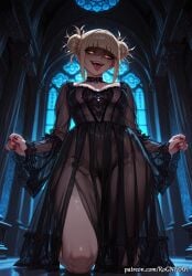 1girl 2026 ai_generated anime bangs black_choker black_dress blonde_hair blunt_bangs boku_no_hero_academia boobs breasts choker cleavage commando crossover double_bun dress eye_contact fangs female female_focus glowing_eyes hair_bun highres himiko_toga indoors inside kneeling long_sleeves looking_at_viewer medium_breasts moaning my_hero_academia nail_polish no_panties nsfw open_mouth patreon patreon_username red_nails rognezart see-through smile smiling solo thick_thighs thighs toga_himiko tongue tongue_out yellow_eyes