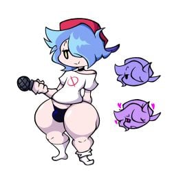 1boy 1boys ass_visible_from_the_front black_thong blue_hair blue_hair_male blue_haired_femboy boy boyfriend_(friday_night_funkin) bulge bulge_through_clothing bulge_under_clothes choker clothed clothing dnsfwtoons femboy fnf friday_night_funkin hair_over_one_eye male microphone one_eye_covered simple_background socks solo source_deleted thick_calves thick_thighs thong trap white_background white_shirt white_t-shirt