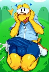 2025 ai_generated anthro balls big_penis blush bodily_fluids bulge clothed clothing cum cum_through_underwear drooling duck erection erection_under_clothing footwear genital_fluids genitals heart hellsonger hi_res hoodie humanoid_genitalia humanoid_penis kneeling koopa koopa_troopa koops male mario_bros nintendo open_mouth paper_mario penis saliva shoes solo sweat tenting tongue tongue_out topwear