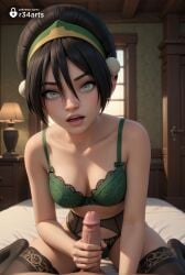 1boy 1boy1girl 1girls ai_generated artist_name avatar_legends avatar_the_last_airbender bed bedroom black_hair black_thighhighs blind blue_eyes bra breasts collarbone erection garter_belt green_bra green_panties hair_between_eyes hair_bun hairband handjob hi_res indoors lamp lingerie lips looking_at_viewer medium_breasts nickelodeon nicktoons on_bed open_mouth panties patreon_username penis pov r34arts short_hair solo_focus straight thighhighs toph_bei_fong uncensored underwear underwear_only