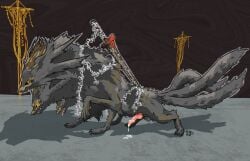 2025 3_heads 3_tails 6_legs absurd_res animal_genitalia animal_penis balls banner bodily_fluids canid canine canine_genitalia canine_penis canis chains cum cum_drip cum_on_ground digital_media_(artwork) dripping ejaculation elden_ring_nightreign erection fangs feral fromsoftware fur genital_fluids genitals gladius_(nightreign) glowing glowing_eyes gold_(metal) gold_jewelry grey_body grey_fur hi_res hotdogmeat huge_filesize jewelry knot knotted_penis leaking_cum looking_at_viewer male mammal melee_weapon multi_head multi_tail one_leg_up open_mouth paws penis presenting presenting_penis raised_leg raised_paw side_view simple_background smile solo standing sword sword_on_back tail teeth tongue tongue_out toony weapon wolf