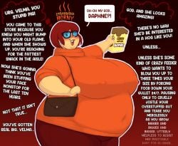 aged_up bbw big_breasts breasts chubby chubby_female embarrassed eyeglasses fantasizing fat fat_ass feedee feederism female fully_clothed gelatingent huge_ass huge_belly huge_breasts huge_thighs overweight overweight_female plus_size purse red_hair scooby-doo velma_dinkley visible_nipples