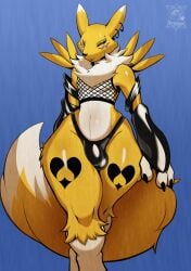 2025 anthro armwear balls_outline bandai_namco big_bulge blue_background bulge claws clothing crop_top curvy_figure detailed_bulge digimon digimon_(species) draeusz ear_piercing ear_ring eyebrow_piercing facial_piercing femboy fishnet_clothing fishnet_topwear front_view fur genital_outline heart_(marking) hi_res latex latex_armwear latex_clothing latex_thong latex_underwear looking_at_viewer male markings narrowed_eyes navel piercing renamon ring_piercing shirt simple_background smile solo standing thick_thighs thong tight_underwear topwear tuft underwear walking watermark wide_hips
