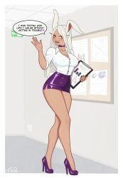 background blouse bunny_ears choker cleavage clipboard english_text female female_only fully_clothed heels high_heels holding_clipboard holding_object latex latex_clothing latex_skirt long_hair microskirt miniskirt mirko my_hero_academia nail_polish office office_clothing office_lady painted_fingernails painted_nails purple_clothing purple_heels purple_shoes purple_skirt red_eyes revealing_clothes rumi_usagiyama shiny_skin shirt skimpy_clothes skirt speech_bubble tan_body tan_skin tetnol text tight_clothing tight_skirt waving waving_at_viewer white_blouse white_hair