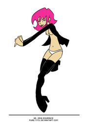 black_boots blank_background boots cartoony erin_esurance esurance green_eyes high_heels jacket mascot pink_hair skinny small_breasts solo solo_female topless topless_female white_panties