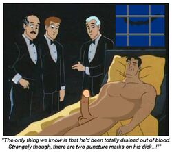 alfred_pennyworth batman batman:_the_animated_series batman_(bruce_wayne) batman_(series) bruce_wayne closed_eyes cmnm dc dc_comics dcau erection gay male male_only multiple_boys multiple_males nude on_back on_bed penis puncture_wounds tagme yaoi