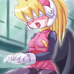 1girls ahe_gao blonde_hair blush breasts capcom ciel_(mega_man) drool female girutaabo hagane_(artist) lowres mega_man mega_man_zero oekaki panties pantyhose pantyshot ponytail sitting skirt small_breasts solo tied_hair trembling underwear upskirt vest