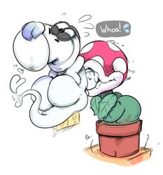 ambiguous_gender animate_inanimate big_ass big_lips_no_eyes big_penis black_eyes blue_hair bonneter cappy_(mario) elchilenito fellatio heart male male/ambiguous mario_(series) nintendo oral oral_sex penis piranha_plant plant super_mario_odyssey text thick_thighs white_body wide_hips