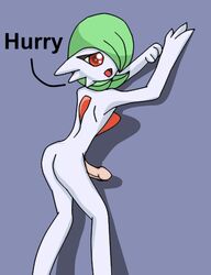 1boy ass color english_text femboy gardevoir green_hair grey_background hair male male_gardevoir male_only male_pokemon nintendo nude on_wall penis pokémon_(species) pokemon pokemon_(species) pokemon_rse red_eyes side_view solo solo_male text trap white_skin