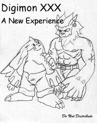 3_toes abs anthro bandai_namco bare_chest barefoot belt biceps bodypaint bottomwear clothed clothing comic cover cover_art cover_page digimon digimon_(species) do_not_distribute duo english_text eye_contact facial_markings feet felid floppy_ears gargomon gun_arm hair head_markings humanoid_hands lagomorph larger_male leomon long_ears looking_at_another looking_at_partner looking_at_viewer male male/male male_only mammal markings monochrome moobs muscular nipples overweight pants pecs simple_background size_difference slightly_chubby smaller_male smile text toes topless topless_male war_paint