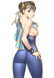 1girls ass bodysuit breasts brown_eyes brown_hair capcom chun-li double_bun double_vertical_stripe female female_only human jumpsuit kansuke leotard nipples sideboob skin_tight solo spandex straight_hair street_fighter street_fighter_alpha street_fighter_alpha_2 street_fighter_alpha_3 undressing unitard