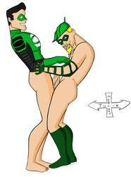 2003 2boys artist_logo beard black_hair blonde_hair bottomless dc_comics dcau erection facial_hair feathered_hat frottage gay gloves green_arrow green_arrow_(series) green_hat green_lantern green_lantern_(series) justice_league justice_league_unlimited kyle_rayner looking_at_partner looking_at_viewer mask multiple_males multiple_penises mustache naked_boots nipple_play no_pupils oliver_queen penis_size_difference penises_touching tulio white_background yaoi