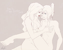 2girls asami_sato avatar_legends barefoot blue_eyes boobs breasts canon_couple duo english_text female female_only green_eyes human intimate korra lipstick medium_breasts multiple_females multiple_girls nickelodeon nipples nude scyfon signature spot_color straight_hair text the_avatar the_legend_of_korra toes water_tribe yuri