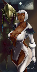 1boy 1girls abs blackchain_(rennes) blade breasts brown_skin cleavage curvy dark-skinned_female dark_skin demon devil_may_cry devil_may_cry_4 english_text erect erection female gloria_(devil_may_cry) grey_eyes helmet highres huge_breasts human imminent_sex lace large_breasts lips lizard lizardman looking_at_viewer male monster moon muscular no_bra no_panties penis pussy short_hair smile tail testicles text thighs vagina white_eyes white_hair wide_hips