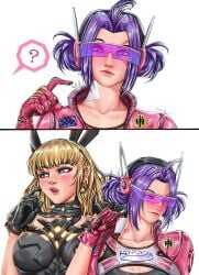 2025 2girls black_armor black_gloves blonde_hair blush blushed_face blushing_at_partner blushing_female breasts cleavage double_ponytail ear_ring embarrassed embarrassed_expression embarrassed_female female female_only futuristic_clothing headphones_on_head illyana_rasputin magik_(illyana_rasputin) magik_(marvel_rivals) marvel marvel_comics marvel_rivals motorcycle_suit neck_bite neck_kiss no_background nungmeenui patched_clothing patches pink_clothing pink_gloves pink_headphones plaster pointing_at_self psylocke psylocke_(sai)_(fleeting_butterfly) purple_hair question_mark questionable spiked_collar spikes stamp stamped sunglasses tinted_eyewear visor visor_glasses white_background wholesome yuri