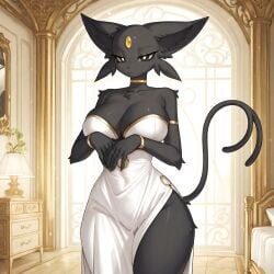 absol ai_generated bedroom big_breasts black_body black_eyes black_fur breasts espeon female forked_tail generation_2_pokemon gold_forehead_gem gold_nails hokmuto_(artist) ornate_background pokemon small_waist thick_thighs thin_waist white_dress white_pupils wide_hips