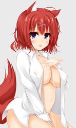 ahoge amairo_islenauts animal_ears bangs blue_eyes blush breasts covered_nipples cum cum_in_hands cum_in_mouth cum_on_body cum_on_breasts cum_on_lower_body cum_on_tongue cum_on_upper_body dog_ears dog_tail ero-god eyebrows_visible_through_hair female hair_ornament hairclip highres large_breasts looking_at_viewer masaki_gaillard naked_shirt red_hair shirt short_hair solo tail tongue tongue_out x_hair_ornament