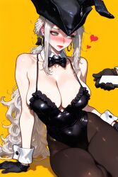 1boy 1boy1girl 1female 1girls 2025 ai_assisted ai_generated alternate_costume background bare_shoulders big_breasts bloodborne blush blush_lines blushing_female bow breasts bunny_costume bunny_ears bunny_girl bunnysuit cleavage collar earrings embarrassed female female_focus frills fromsoftware gloves green_eyes heart heart_symbol hearts_around_head highleg hoop_earrings lady_maria_of_the_astral_clocktower large_breasts leaning leotard light-skinned_female light_skin lips lipstick looking_at_partner makeup male pantyhose playboy_bunny ponytail pose posing posing_for_picture posing_for_the_viewer seductive shy simple_background smile smiley_face smiling smiling_at_partner tricorne uncensored video_game video_game_character video_game_franchise video_games white_hair wrist_cuffs yellow_background