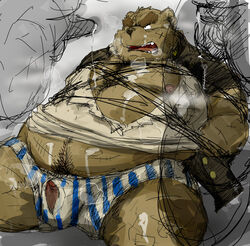 2015 barazoku bear boxers_(clothing) bukkake clothed clothing cum cum_on_chest cum_on_face cum_on_leg cum_on_stomach erection furry grizzly_bear group group_sex kemono kotobuki male mammal muscular obese overweight partially_clothed sex sitting steam torn_clothing underwear yaoi