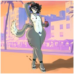 5_fingers 5_toes absurd_res anthro axel_(axelkirby) axelkirby balls canid canine chastity_cage chastity_device digit_ring digital_drawing_(artwork) digital_media_(artwork) feet femboy fingers fox genitals gta_vi_cover_girl hair hi_res holding_object humanoid_feet iridescent jewelry looking_at_viewer male mammal monochrome nipple_piercing nipples nude piercing plantigrade ring sandales smile solo tail tattoo thick_thighs toe_ring toes wide_hips