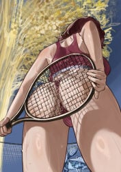 2girls absurd_res ass below_view breasts crop_top deep_skin elden_ring erdtree from_below highres melina_(elden_ring) miao_jiangyou multiple_girls ranni_the_witch red_shirt red_shorts shirt shorts sweat sweating tennis tennis_court tennis_racket underwear