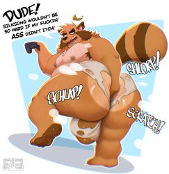 anthro ass balls belly big_balls big_belly big_butt booki_(character) brown_body brown_fur canid canine clothing controller dialogue digging_into_butt ear_piercing ear_ring el_booki english_text feet fluffy fluffy_tail fur gaming genitals hi_res holding_controller holding_object huge_balls huge_butt huge_thighs male mammal markings musk nintendo_switch_pro_controller open_mouth overweight overweight_anthro overweight_male piercing raccoon_dog ring_piercing scratching_butt solo striped_markings striped_tail stripes tail tail_markings tanuki text thick_thighs torn_clothing torn_underwear underwear