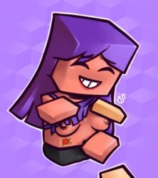 areola bikini blocksworld blush breasts cameltoe dark_skin darkpolygon female purple_hair shirt_lift shorts tattoo