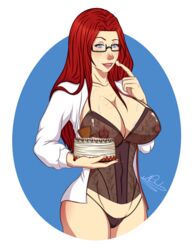 big_breasts big_nipples black_panties blue_eyes breasts cake commission erect_nipples erection female female_only food freckles glasses huge_breasts ladynsds11 large_breasts lingerie long_hair looking_at_viewer nipples open_clothes original original_character panties red_hair shirt simple_background solo transparent_clothing white_shirt