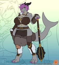 1futa 2018 abs anthro armor balls_under_clothes big_breasts bottomless_skirt breasts bulge cameltail claws clothed clothing demon dickgirl digital_media_(artwork) fish flaccid futa_only futanari hair huge_cock intersex large_breasts large_penis mace marine melee_weapon muscular muscular_intersex non-mammal_breasts patreon penis penis_under_clothes penis_under_skirt poking_out shark short_hair skirt skirt_lift solo solo_futa toe_claws url veyll vishka weapon zoom_layer