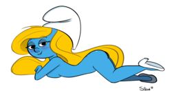 female hanna-barbera lying_on_stomach medium_breasts nude smurfette solo supesnsfw the_smurfs