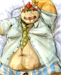 2015 barazoku bed bowser boxers_(clothing) clothed clothing dakimakura_design eyewear facing_viewer glasses kemono koopa kotobuki male male_only mario_(series) muscular necktie nintendo obese open_shirt overweight penis scalie solo steam supine sweat underwear video_games