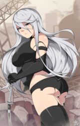 ass big_breasts breasts cleavage curvaceous exlic female female_only large_breasts long_hair looking_at_viewer looking_back nier nier:_automata solo thighhighs yorha_a2