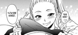 black_and_white blonde_female blush caress_cheek casual_clothing casual_conversation close-up confident earrings enkou_ojisan female focus_on_face front_view heart_symbol leaning_forward manga_panel mischievous_smile onomatopoeia playful poking ponytail smile smiling speech_bubble teasing upper_body_shot youthful