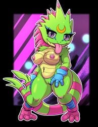 3_toes 4_fingers abstract_background anthro areola bandai_namco belly breasts clothed clothing digimon digimon_(species) digimon_beatbreak docsye fangs feet female fingers footwear gekkomon genitals gloves green_body green_skin handwear hi_res long_tail markings navel nipples open_mouth partially_clothed pink_body pink_skin purple_eyes pussy rimlight scales scalie shaded short_stack solo solo_focus tail teeth thick_thighs toes tongue tongue_out vulva