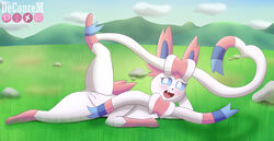 1girls belly big_ears blue_eyes blue_fur blush canine cloud clouds day decourem eeveelution eyelashes fang feet female female_only flat_chest furry grass half-closed_eyes heart holding leg_grab leg_up long_ears looking_at_viewer mountain nintendo no_nipples nude on_side open_mouth outdoors patreon paws pink_fur pokémon_(species) pokemon pokemon_xy pussy ribbons sky smile spread_legs spreading sun sylveon teeth text thick_thighs tongue video_games watermark white_fur