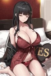 1boy 1girls 2:3 ai_generated alternate_costume animated babydoll barcode barcode_tattoo bare_shoulders barefoot bed black_hair breast_tattoo breasts cleavage closed_mouth collarbone commentary_request d_(killer_wife)_(nikke) d_(nikke) female goddess_of_victory:_nikke hair_ornament hairclip heart heart-shaped_pillow hourglass_figure huge_breasts indoors lamp large_breasts light-skinned_female live2d long_hair looking_at_viewer male masaki_nanaya navel off_shoulder on_bed panties pillow purple_eyes red_babydoll red_panties shorter_than_10_seconds sitting slim_waist solo straight tagme tattoo thick_thighs thighs underwear vertical_video video wariza wide_hips yes-no_pillow