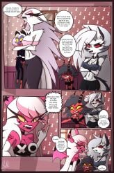 angry_face arguing breasts choking cleavage comic comic_page english_text female gatojack3 helluva_boss loona_(helluva_boss) millie_(helluva_boss) moxxie_(helluva_boss) red_eyes stella_(helluva_boss) stuck_in_breasts verosika_mayday_(helluva_boss)