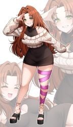 black_dress brunette gray_sweater green_eyes short_dress solo solo_female vtuber zavalr