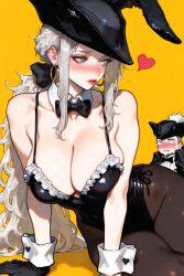 1boy 1boy1girl 1female 1girls 2025 ai_assisted ai_generated alternate_costume background bare_shoulders big_breasts bloodborne blush blush_lines blushing_female bow breasts bunny_costume bunny_ears bunny_girl bunnysuit cleavage collar earrings embarrassed female female_focus frills fromsoftware gloves green_eyes heart heart_symbol hearts_around_head highleg hoop_earrings lady_maria_of_the_astral_clocktower large_breasts leaning leotard light-skinned_female light_skin lips lipstick looking_at_partner makeup male pantyhose playboy_bunny ponytail pose posing posing_for_picture posing_for_the_viewer seductive shy simple_background smile smiley_face smiling smiling_at_partner tricorne uncensored video_game video_game_character video_game_franchise video_games white_hair wrist_cuffs yellow_background