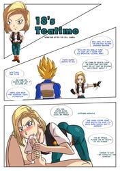 18s_teatime absurd_res android_18 blonde_hair blue_eyes blush cum cum_in_mouth cum_inside dragon_ball dragon_ball_z fellatio female male oral penis recreator2099 speech_bubble straight super_saiyan text vegeta