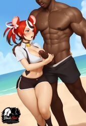 1boy 1girls 2d ai_generated ass big_ass big_breasts black_heat_studios breasts dark-skinned_male erection female female_focus full_body hakos_baelz hetero hololive hololive_english hololive_english_-council- interracial large_penis penis qos qos_tattoo queen_of_spades smile sweat tattoo thick thick_thighs uncensored