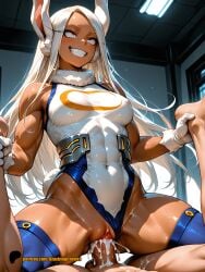 ai_generated amazon_position blushingcheeks breasts bunny_ears bunny_girl bunny_tail covered_nipples cowgirl_position cum cum_in_pussy cum_inside cum_overflow female female_domination female_orgasm femdom fur gloves holding_legs leotard leotard_aside long_hair male medium_breasts mirko muscular muscular_female my_hero_academia orgasm orgasm_face panties_aside penis pussy pussy_juice pussy_juice_drip red_eyes rolling_eyes rumi_usagiyama sex smirk straddling superheroine sweat sweaty tan_body tan_skin thighhighs vaginal_penetration vaginal_sex veiny_penis white_hair