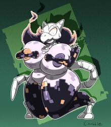 black_skin blank_eyes bones breasts chabble creepypasta different_colored_nipples female floating_hands glitch_effect large_breasts missingno. no_eyes pixel_hair pokemon simple_background skull smile thick_thighs
