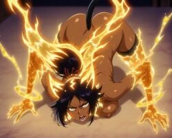 1girls ai_assisted ai_generated animal_ears animal_humanoid bleach bleach:_the_thousand-year_blood_war cat_stretch color colored dark-skinned_female huge_breasts primer_ai shihouin_yoruichi uncensored yoruichi_shihouin