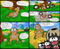 2025 4_fingers 4chan_anon 5_panel_comic ambiguous_gender ambush angry anthro armless black_body blue_sky blush blush_lines bodily_fluids bottomless bottomless_anthro bottomless_female chasing clenched_teeth closed_eyes clothed clothed_anthro clothed_female clothing cloud comic contact_onomatopoeia cross-popping_vein crossed_legs day detailed_background dialogue digital_media_(artwork) emanata english_text exclamation_point eyelashes female female_anthro fingers flat_colors footwear fuzzy_(mario) genitals green_clothing green_footwear green_shoes group hi_res hopping impact_onomatopoeia interrobang koopa koopa_troopa legless limbless looking_down looking_down_at_self lying mario_bros multiple_scenes nintendo on_back on_ground onomatopoeia open_mouth paper_mario pink_tongue plant pussy question_mark reclining reptile reznor running running_away scalie shell shirt shocked shoes sky smoke_cloud solo sound_effects stealing sweat sweatdrop tail talking_to_another teeth text text_on_clothing text_on_shirt text_on_topwear tongue topwear tree turtle turtle_shell unknown_artist vulva white_speech_bubble yellow_body