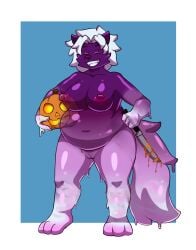 anthro belly big_nipples breasts candy canid canine closed_eyes curvy_figure dairy_products dessert dripping female food front_view fruit futanari gelatin genitals goo_body goo_creature goo_drip goo_humanoid gradient_body hair halloween hi_res holding_object holding_weapon holidays humanoid intersex jack-o'-lantern jell-o knife lilithdog mammal nipples nude overweight overweight_female paws plant pumpkin purple_body purple_ears purple_nipples pussy slightly_chubby slime smile solo translucent translucent_body vulva weapon whipped_cream white_hair zairuz